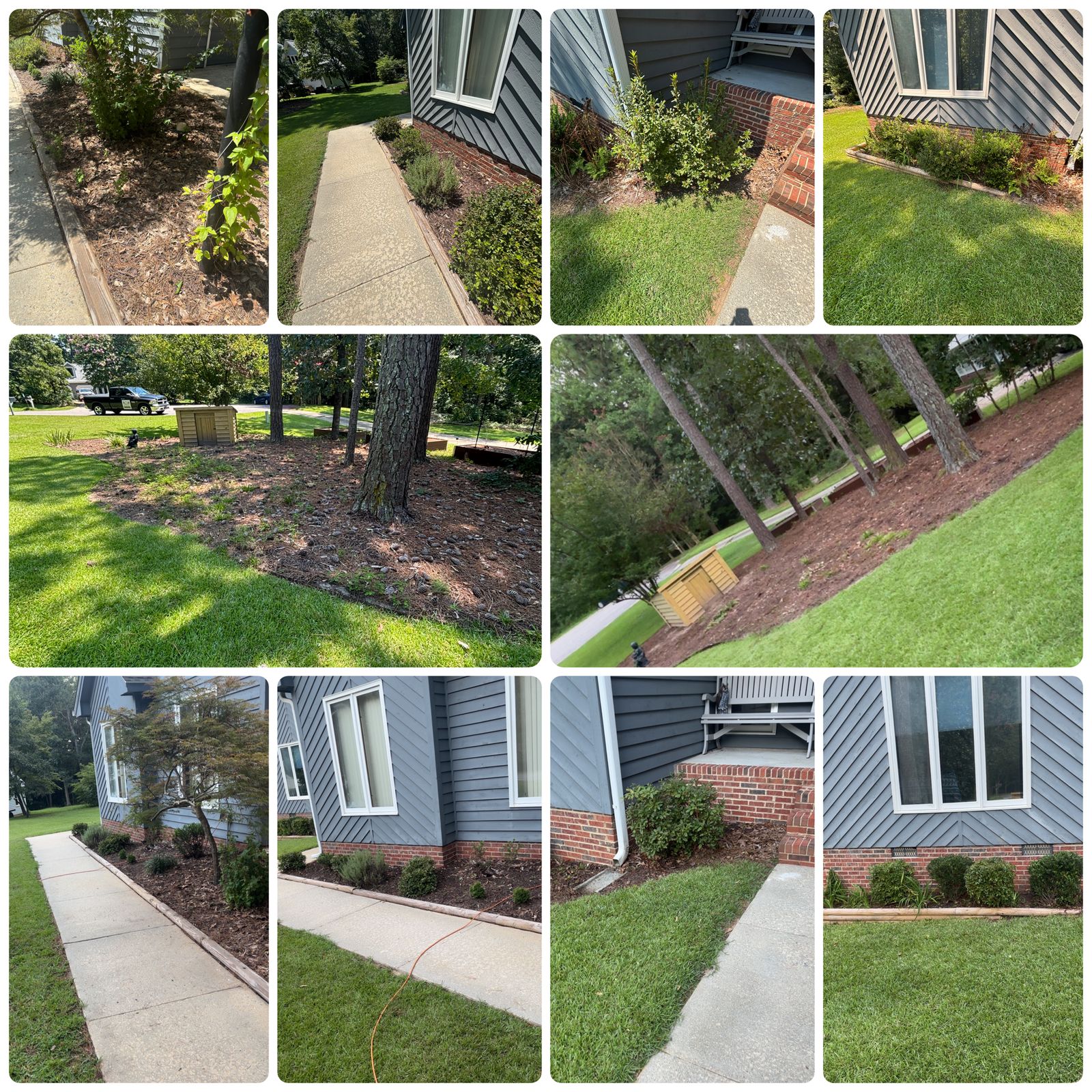 Collage of crisp lawn edges along walkways and landscape beds at a gray house